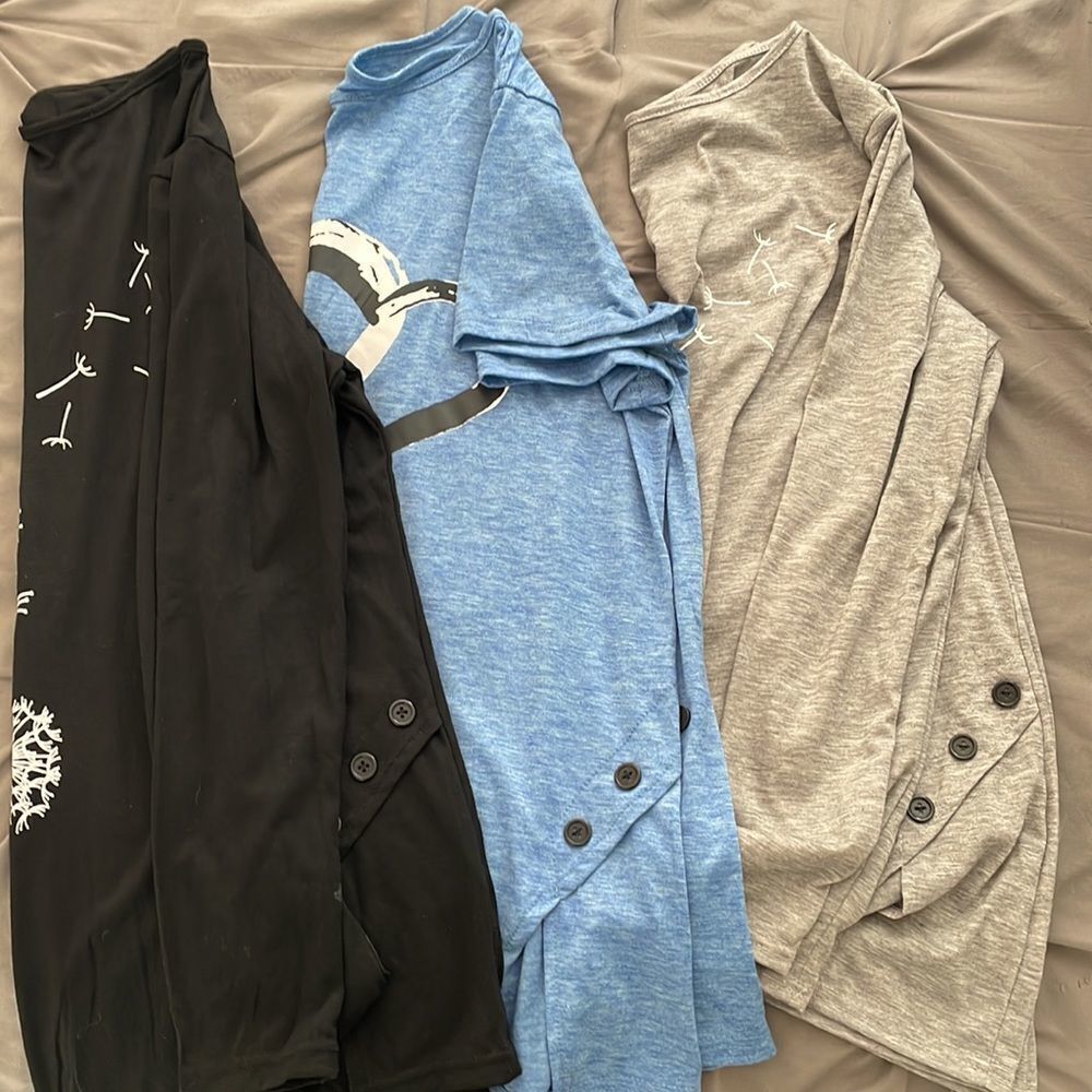 NWOT bundle of three fashionable shirts 2 long sleeves 1 short women’s medium
